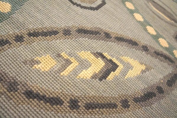 Contemporary handwoven wool needlepoint rug â€” gray ground, geometric pattern - detail view 10