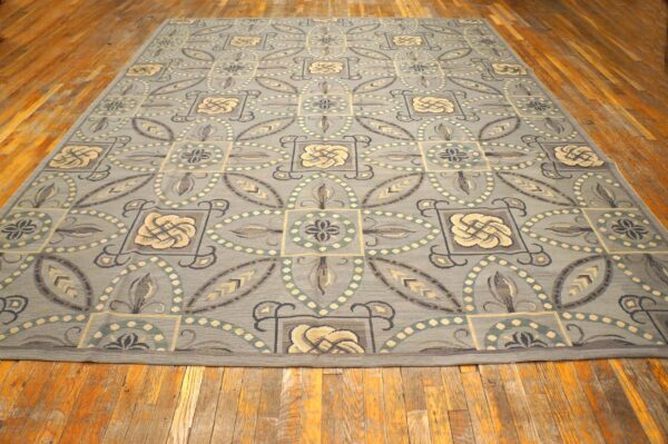 Contemporary handwoven wool needlepoint rug â€” gray ground, geometric pattern - detail view 1