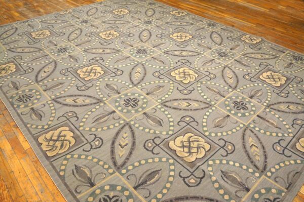 Contemporary handwoven wool needlepoint rug â€” gray ground, geometric pattern - detail view 2