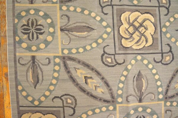 Contemporary handwoven wool needlepoint rug â€” gray ground, geometric pattern - detail view 3