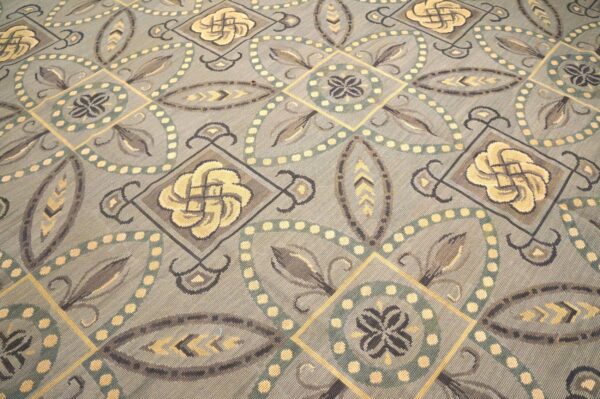 Contemporary handwoven wool needlepoint rug â€” gray ground, geometric pattern - detail view 4
