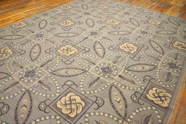 Contemporary handwoven wool needlepoint rug â€” gray ground, geometric pattern - detail view 5