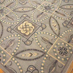 Contemporary Handwoven Wool Needlepoint Rug â€” Gray Ground, Geometric Pattern - detail view 6