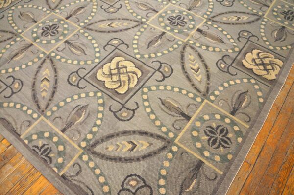 Contemporary handwoven wool needlepoint rug â€” gray ground, geometric pattern - detail view 6