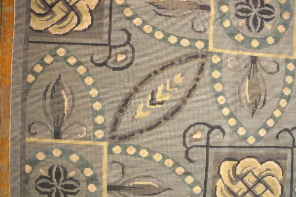 Contemporary handwoven wool needlepoint rug â€” gray ground, geometric pattern - detail view 7
