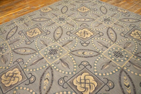 Contemporary handwoven wool needlepoint rug â€” gray ground, geometric pattern - detail view 8