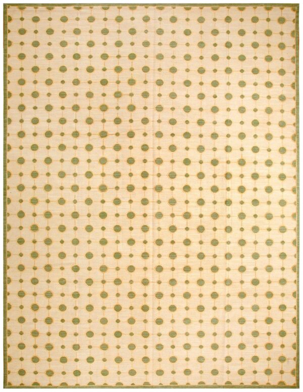 Contemporary handwoven wool needlepoint rug, green with silk highlights