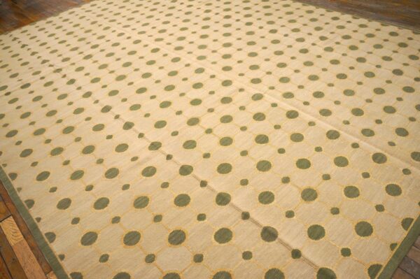 Contemporary handwoven wool needlepoint rug, green with silk highlights - detail view 3