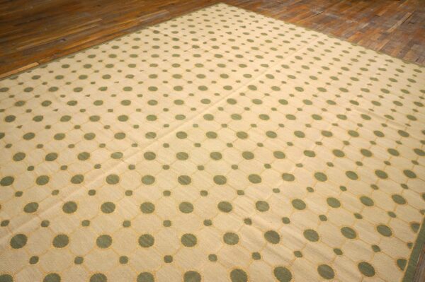 Contemporary handwoven wool needlepoint rug, green with silk highlights - detail view 5