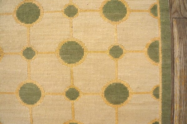 Contemporary handwoven wool needlepoint rug, green with silk highlights - detail view 7