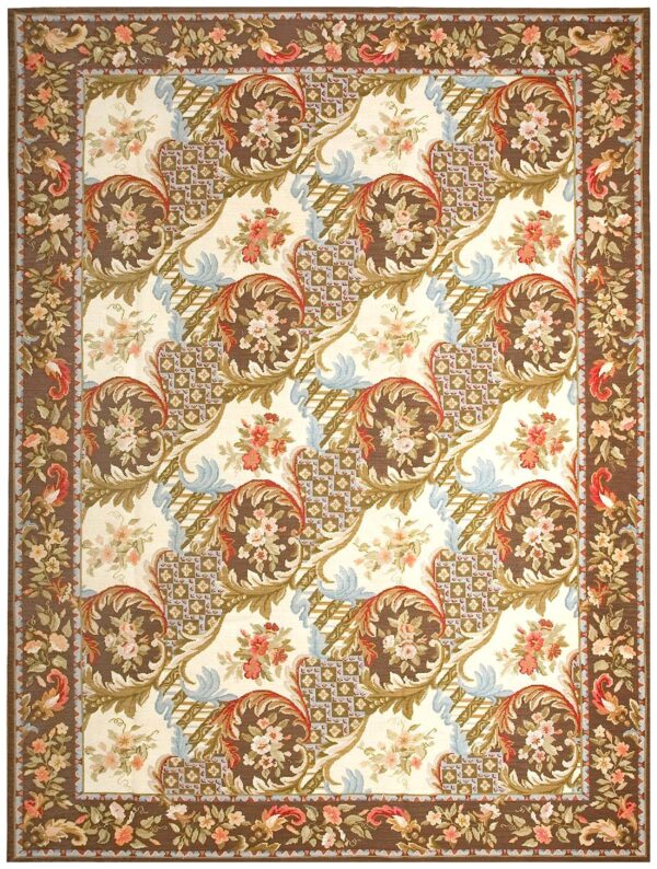 Contemporary handwoven wool needlepoint rug â€” ivory ground, high victorian style