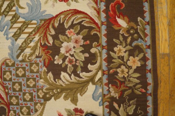 Contemporary handwoven wool needlepoint rug â€” ivory ground, high victorian style - detail view 2