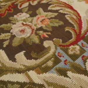 Contemporary Handwoven Wool Needlepoint Rug â€” Ivory Ground, High Victorian Style - detail view 3