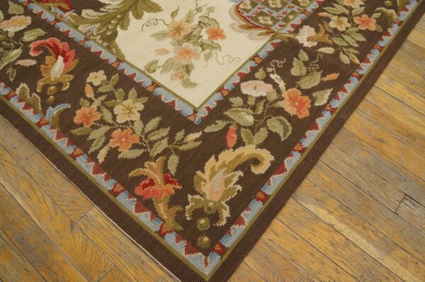 Contemporary handwoven wool needlepoint rug â€” ivory ground, high victorian style - detail view 4