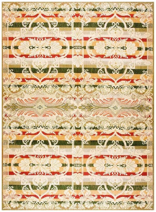 Contemporary handwoven wool needlepoint rug â€” multicolor ground, decorative composition