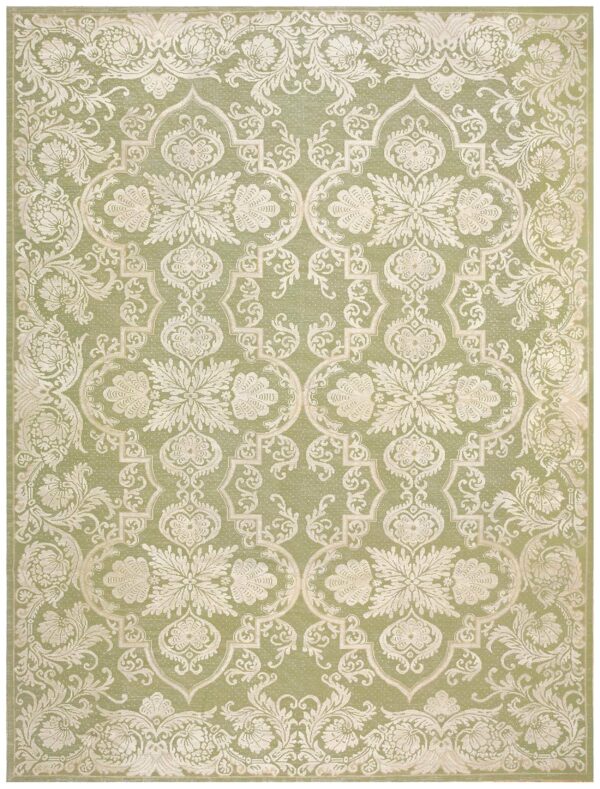 Contemporary handwoven wool needlepoint rug â€” olive green ground
