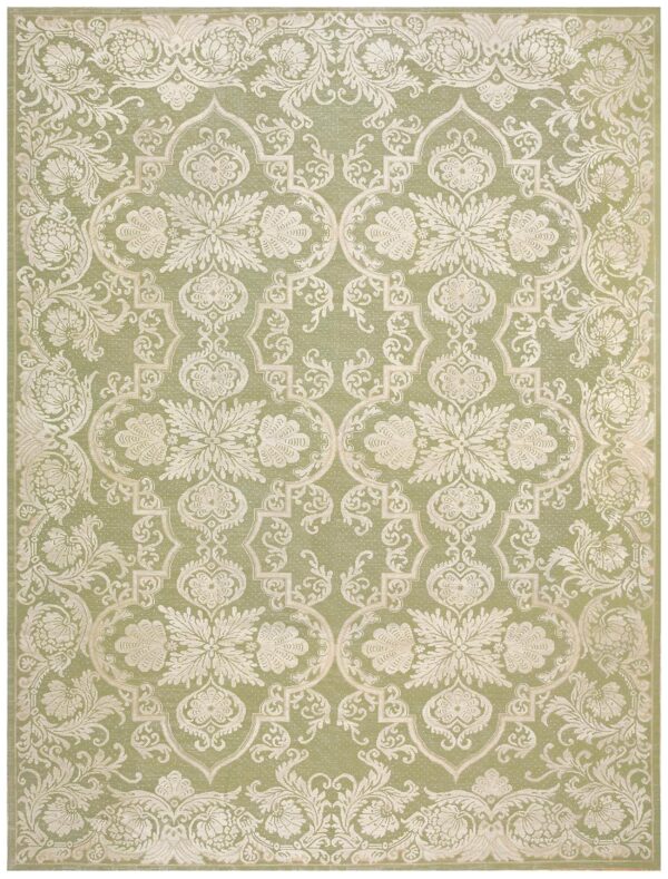 Contemporary handwoven wool needlepoint rug â€” olive ground, allover pattern