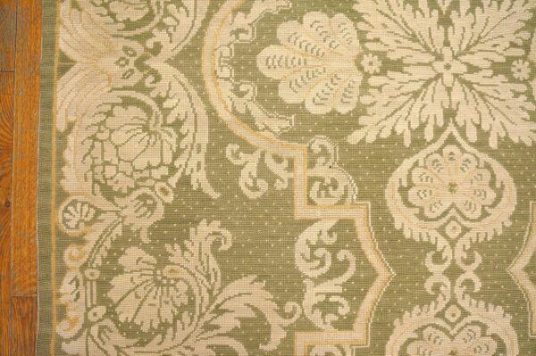 Contemporary handwoven wool needlepoint rug â€” olive ground, allover pattern - detail view 2
