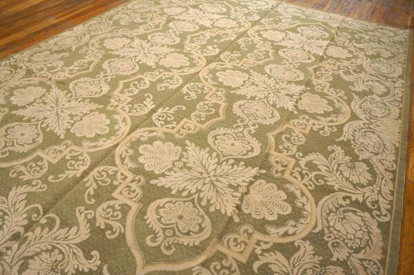 Contemporary handwoven wool needlepoint rug â€” olive ground, allover pattern - detail view 4