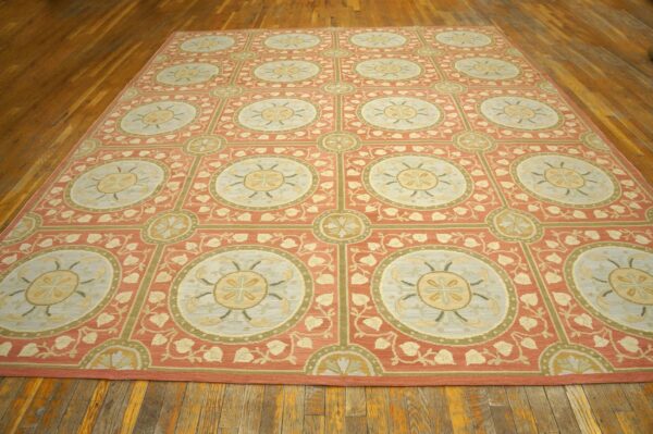 Contemporary handwoven wool needlepoint rug, orange with silk highlights - detail view 1