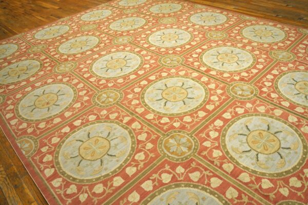 Contemporary handwoven wool needlepoint rug, orange with silk highlights - detail view 2