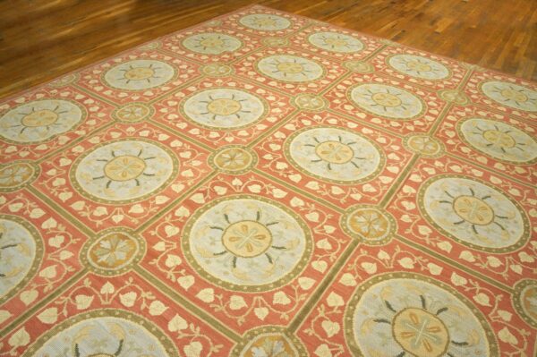 Contemporary handwoven wool needlepoint rug, orange with silk highlights - detail view 3
