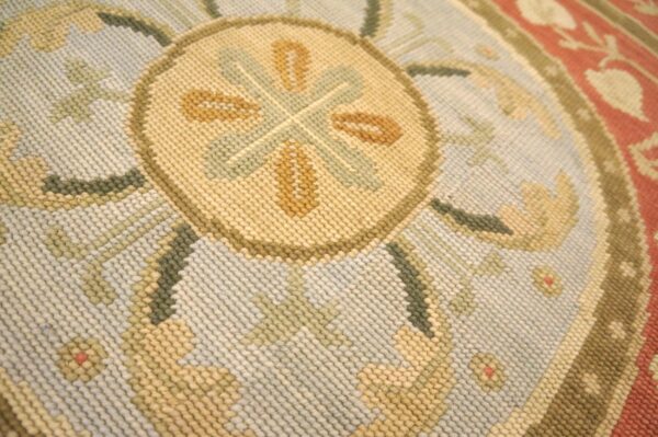 Contemporary handwoven wool needlepoint rug, orange with silk highlights - detail view 6
