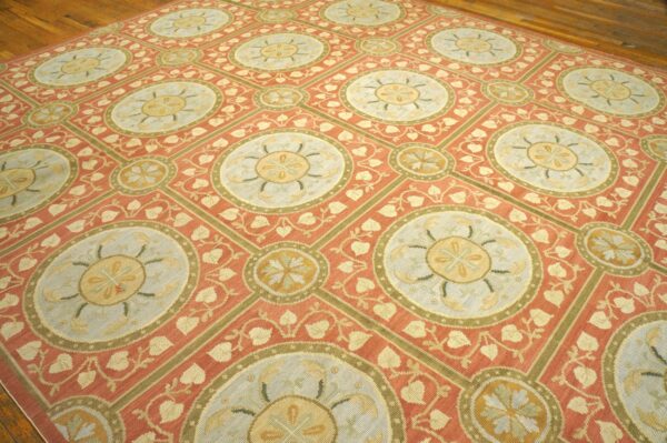 Contemporary handwoven wool needlepoint rug, orange with silk highlights - detail view 7