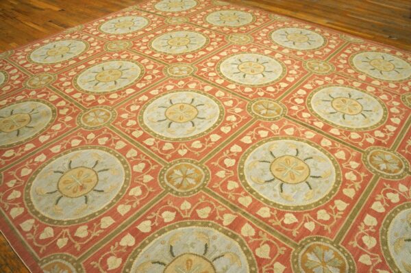 Contemporary handwoven wool needlepoint rug, orange with silk highlights - detail view 8