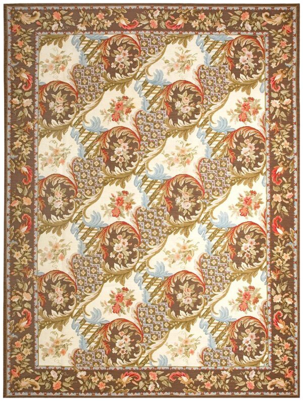 Contemporary handwoven wool needlepoint rug â€” refined classical composition