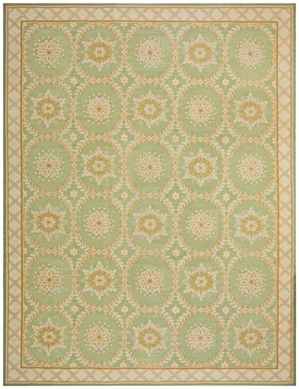 Contemporary handwoven wool needlepoint rug — six-star motif