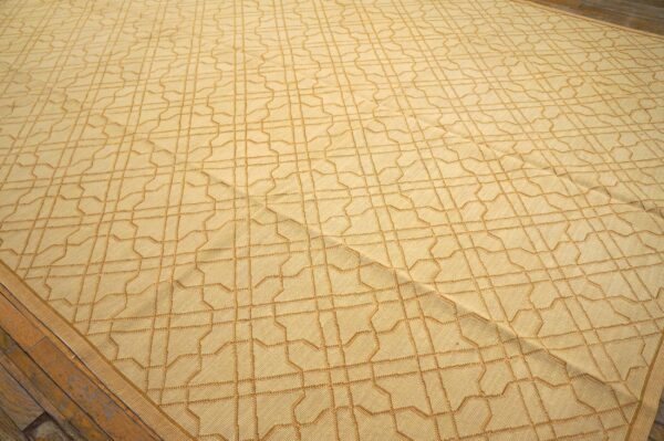 Contemporary handwoven wool needlepoint rug, yellow with silk highlights - detail view 9
