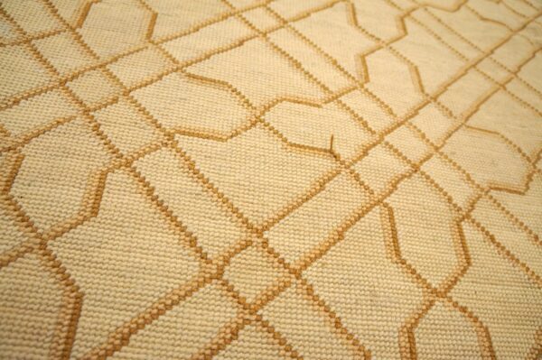 Contemporary handwoven wool needlepoint rug, yellow with silk highlights - detail view 7