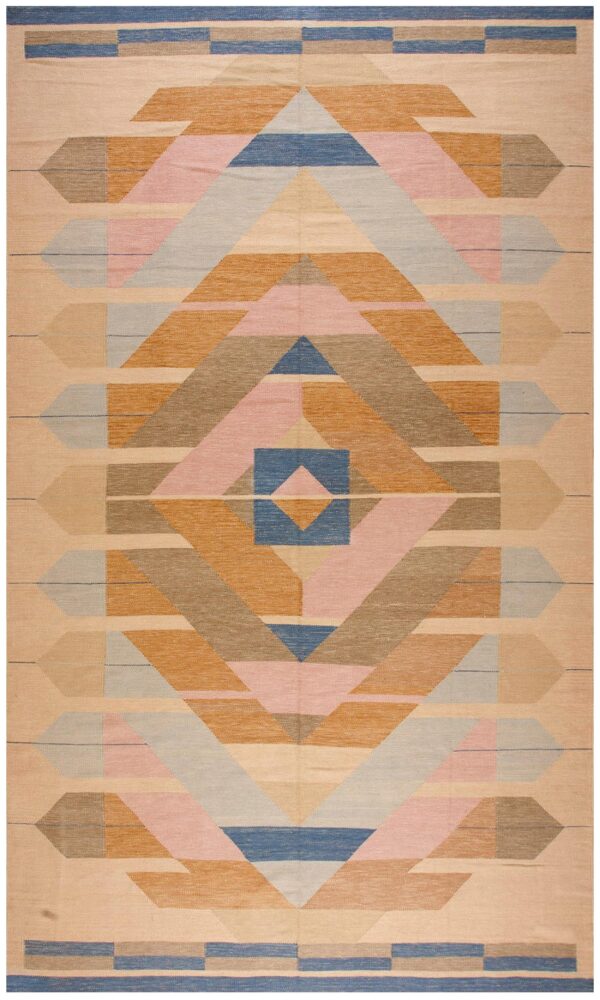 Contemporary scandinavian style flat-weave rug â€” beige background, medallion pattern