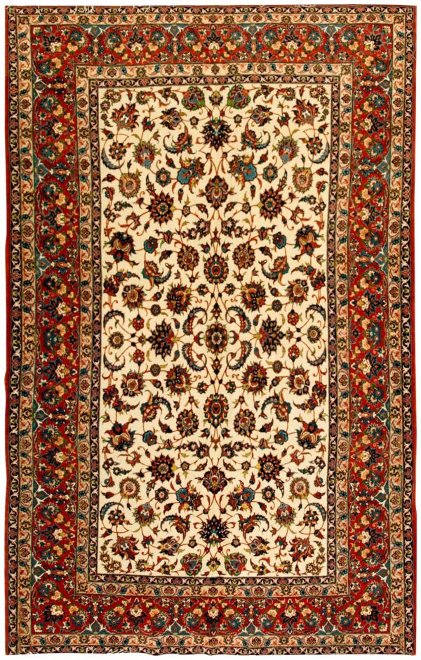 Mid 20th century persian isfahan carpet 5'1"×7'11" beige field, red rust border, circa 1950