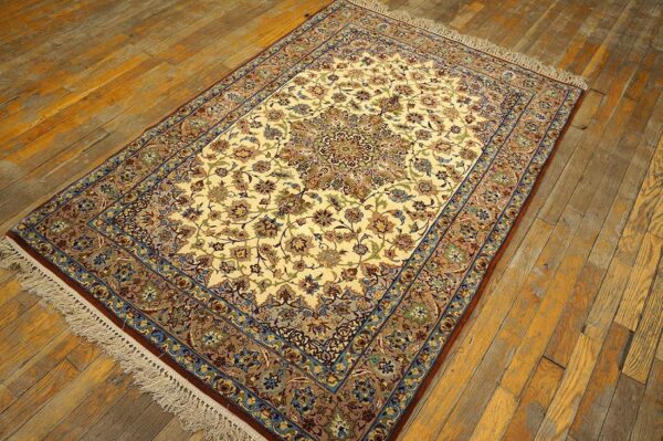 Mid-20th century persian isfahan carpet 3'8"×5'5" ivory & buff, wool & silk highlights, circa 1940 - detail view 3