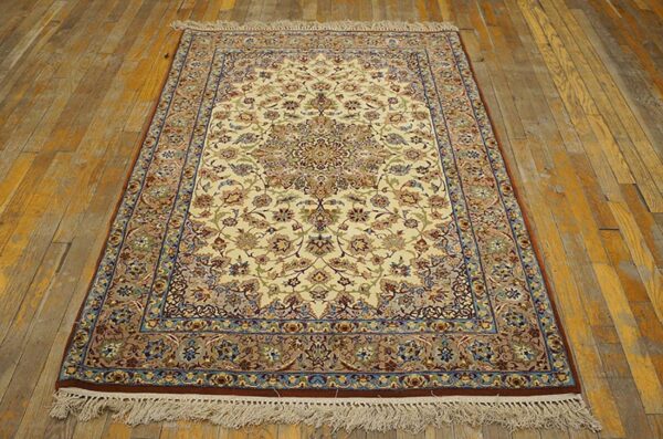 Mid-20th century persian isfahan carpet 3'8"×5'5" ivory & buff, wool & silk highlights, circa 1940 - detail view 5