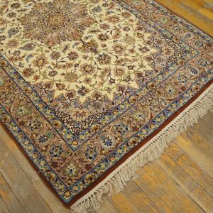 Mid-20th Century Persian Isfahan Carpet 3'8"×5'5" Ivory & Buff, Wool & Silk Highlights, Circa 1940 - detail view 6