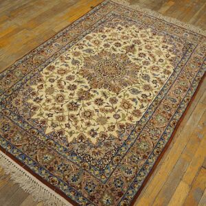 Mid-20th Century Persian Isfahan Carpet 3'8"×5'5" Ivory & Buff, Wool & Silk Highlights, Circa 1940 - detail view 7