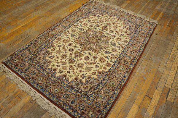Mid-20th century persian isfahan carpet 3'8"×5'5" ivory & buff, wool & silk highlights, circa 1940 - detail view 7