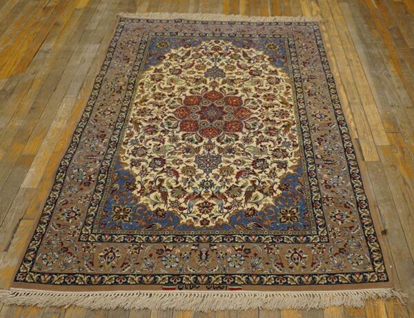 Mid 20th century persian isfahan carpet 3'7"ã—5'1" ivory field, taupe border, circa 1940 - detail view 1
