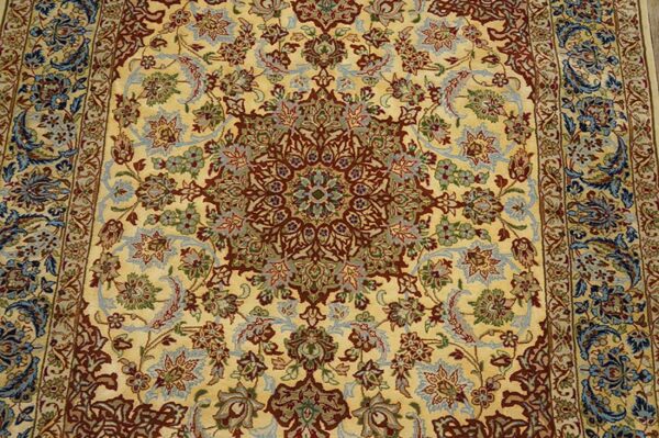 Mid 20th century persian isfahan carpet 3'9"ã—5'4" soft yellow & ivory, hand-knotted wool, circa 1940 - detail view 1