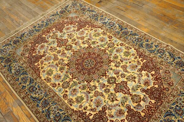 Mid 20th century persian isfahan carpet 3'9"ã—5'4" soft yellow & ivory, hand-knotted wool, circa 1940 - detail view 3