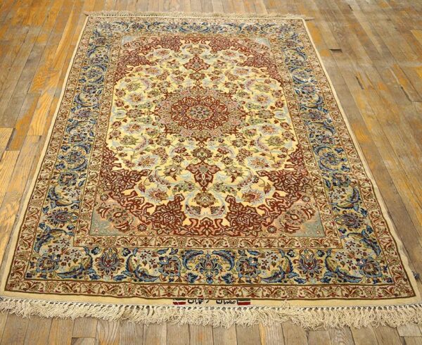 Mid 20th century persian isfahan carpet 3'9"ã—5'4" soft yellow & ivory, hand-knotted wool, circa 1940 - detail view 5