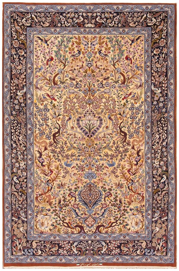 Mid 20th century persian isfahan carpet 4'7"ã—7'1" yellow & dark blue, wool & silk, circa 1940