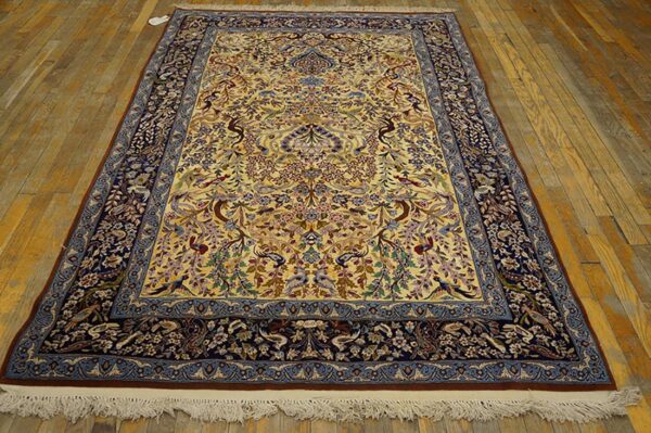 Mid 20th century persian isfahan carpet 4'7"ã—7'1" yellow & dark blue, wool & silk, circa 1940 - detail view 1