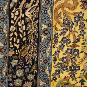 Mid 20th Century Persian Isfahan Carpet 4'7"Ã—7'1" Yellow & Dark Blue, Wool & Silk, Circa 1940 - detail view 3