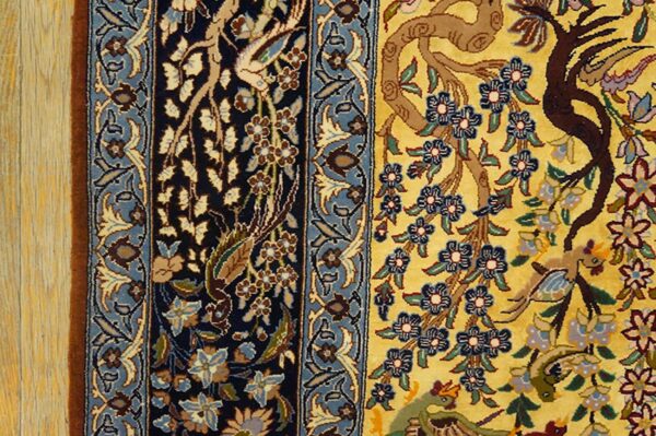 Mid 20th century persian isfahan carpet 4'7"ã—7'1" yellow & dark blue, wool & silk, circa 1940 - detail view 3