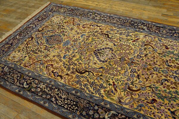 Mid 20th century persian isfahan carpet 4'7"ã—7'1" yellow & dark blue, wool & silk, circa 1940 - detail view 4