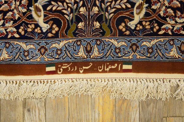 Mid 20th century persian isfahan carpet 4'7"ã—7'1" yellow & dark blue, wool & silk, circa 1940 - detail view 5